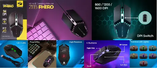 Zebronics Phero Wired Gaming Mouse With Up to 1600 DPI, LED Lights, DPI Switch, High Precision,4 Buttons (Black) ₹220